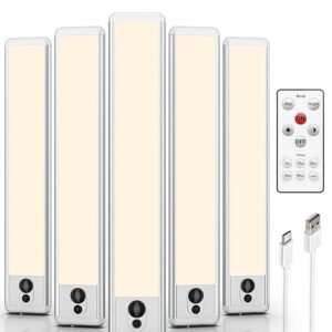 EZVALO Under Cabinet Lights, LED Closet Lights Wireless USB Charging, Motion Sensor Lighting Indoor 3500K Dimmable with Remote Control (Warm) 5 Pack