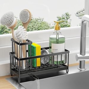 Cisily Black Sponge Holder for Kitchen Sink, Sink Caddy Organizer with High Brush Holder, Kitchen Countertop Organizers and Storage Essentials, Rustproof 304 Stainless Steel,...