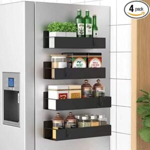 Metal 4 Pack Magnetic Spice Storage Rack Organizer for Refrigerator and Oven, Black Fridge Organizers and Storage