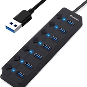7-Port USB 3.0 Hub with Individual Power Switches and Lights, High-Speed Data Hub Splitter Portable USB Extension Hub for PC Laptop and More