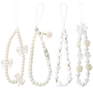 DKDDSSS 4 pcs Phone Charm, Beaded Phone Bracelet Strap, White Pearl Bow Cell Phone Charms, Cute Phone Charm