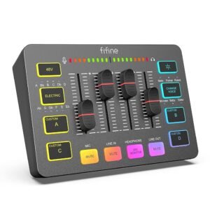 FIFINE Gaming Audio Mixer for Streaming, RGB PC Audio Interface, DJ Mixer with XLR Microphone Interface Volume Fader Individual Channel Design, Customized Soundboard for...