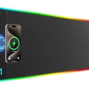 GIM PU Leather Wireless Charging RGB Gaming Mouse Pad 15W, LED Mouse Mat 800x300x4MM, 10 Light Modes Extra Large Mousepad Non-Slip Rubber Base Computer Keyboard Mat for Gaming...