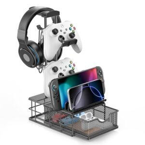 KDD Headphone Stand with Drawer & Cable Organizer - Controller Stand Holder for Desk, Aluminum Supporting Bar Earphone Stand - Universal Headset Holder for Gaming PC Accessories...