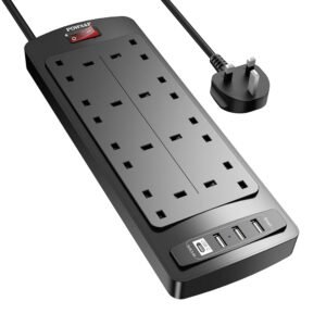 POWSAF Extension Lead with 4 USB Slots (3.4A, 1 Type C and 3 USB-A Ports),Power Strip Surge Protector with 8 way plug extension Socket and 2M Extension cord for Home Office...