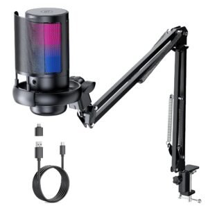 QIUOIO RGB Gaming Microphone with Boom Arm: USB Mic for PC - Streaming & Podcast Microphone Accessory - Suitable for YouTube & TikTok